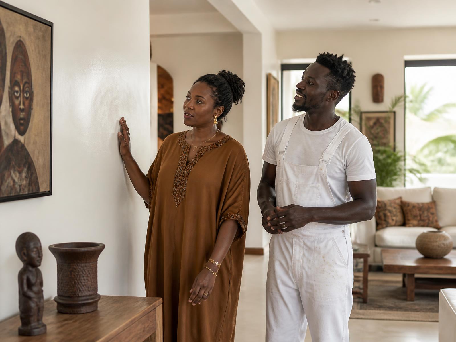 Propriétaire africaine et peintre professionnel examinant une finition intérieure